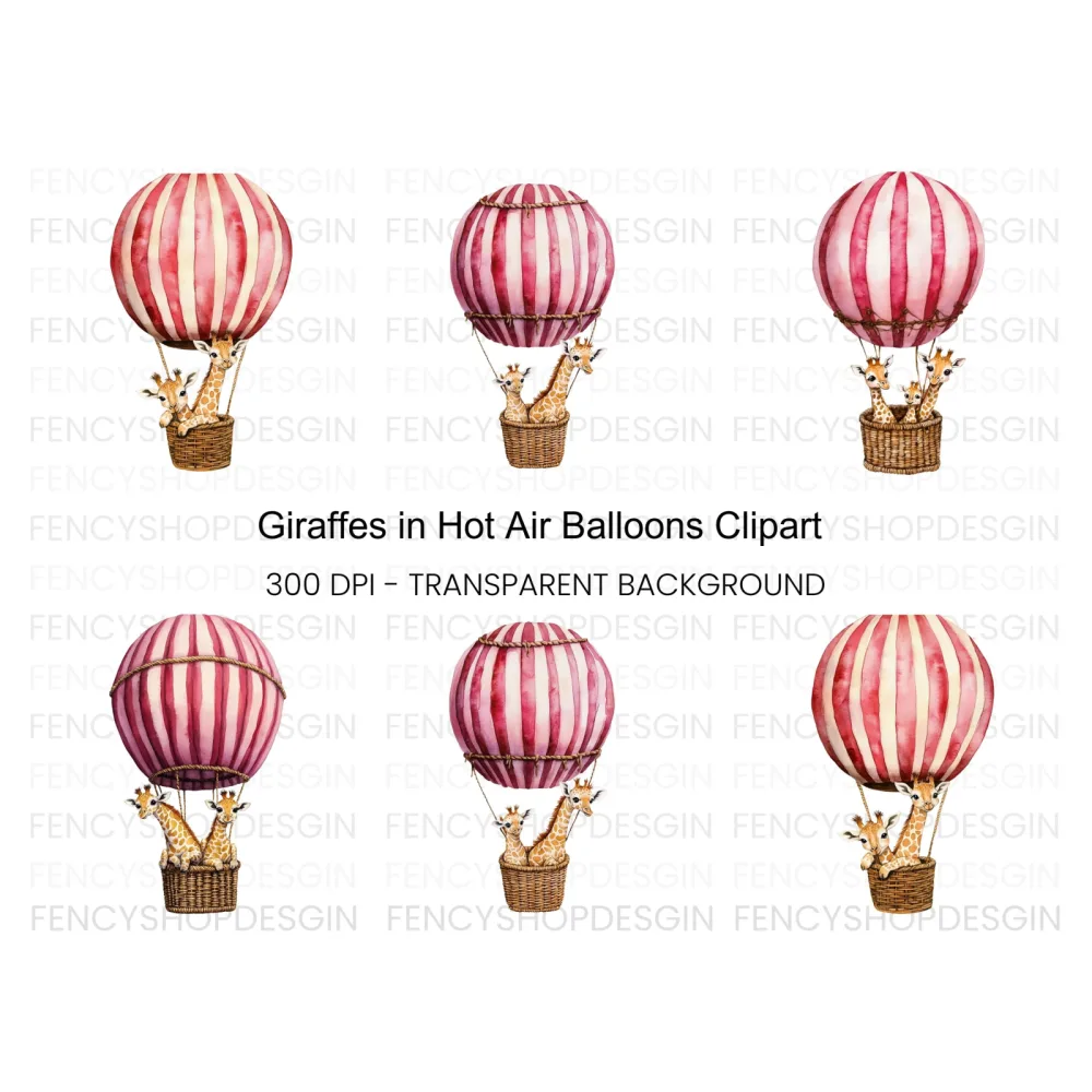 Giraffes in Hot Air Balloons Clipart Bundle
