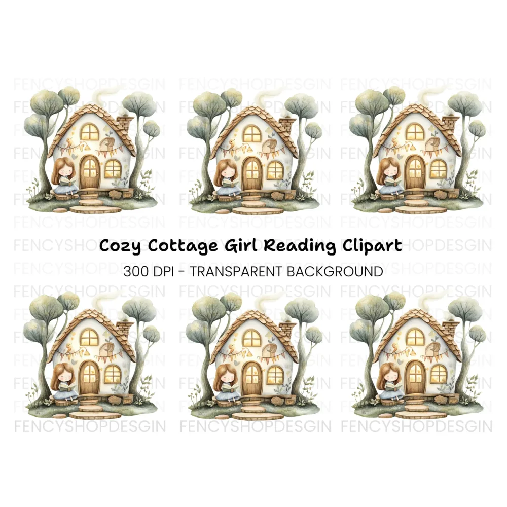 Cozy Cottage Girl Reading Clipart Bundle