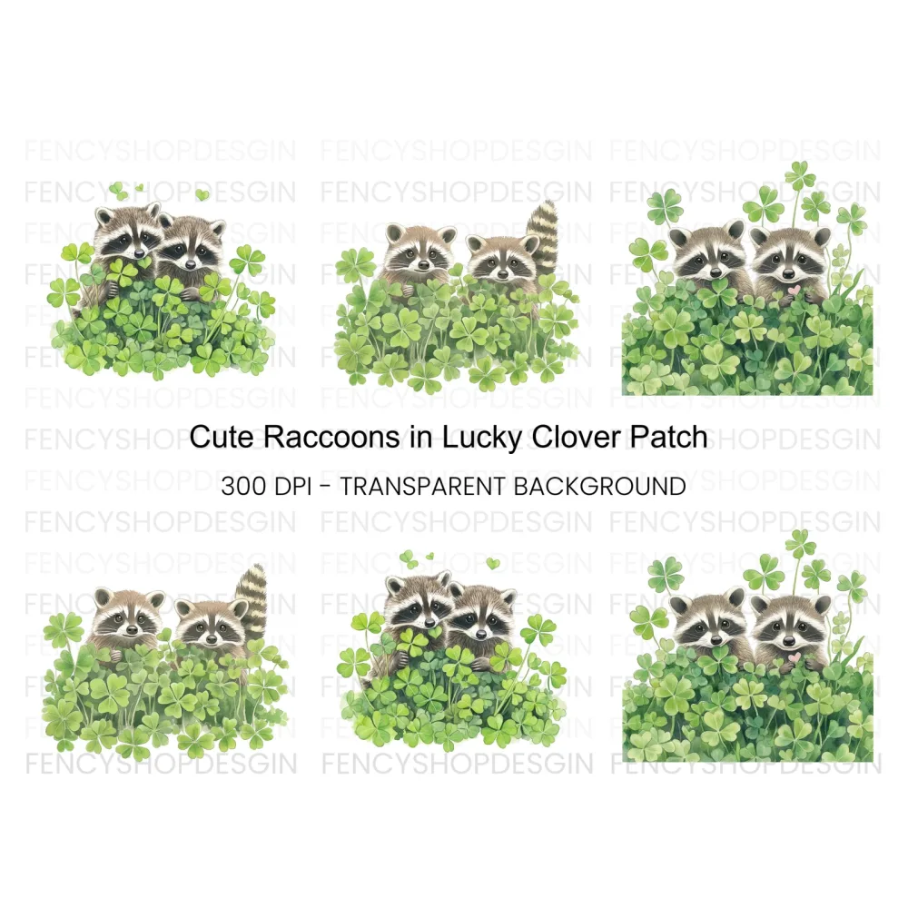 Cute Raccoons in Lucky Clover Clipart Bundle