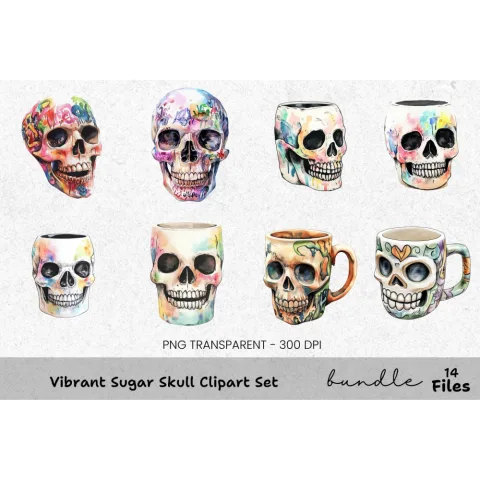 Vibrant Sugar Skull Clipart Bundle