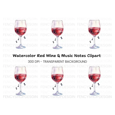 Red Wine Glass with Music Notes Clipart Bundle