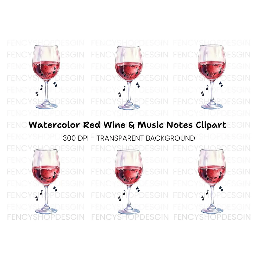 Red Wine Glass with Music Notes Clipart Bundle