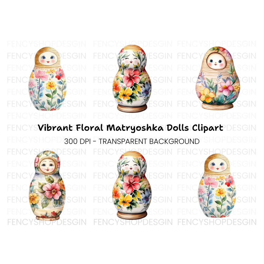 Floral Russian Nesting Dolls Clipart Bundle