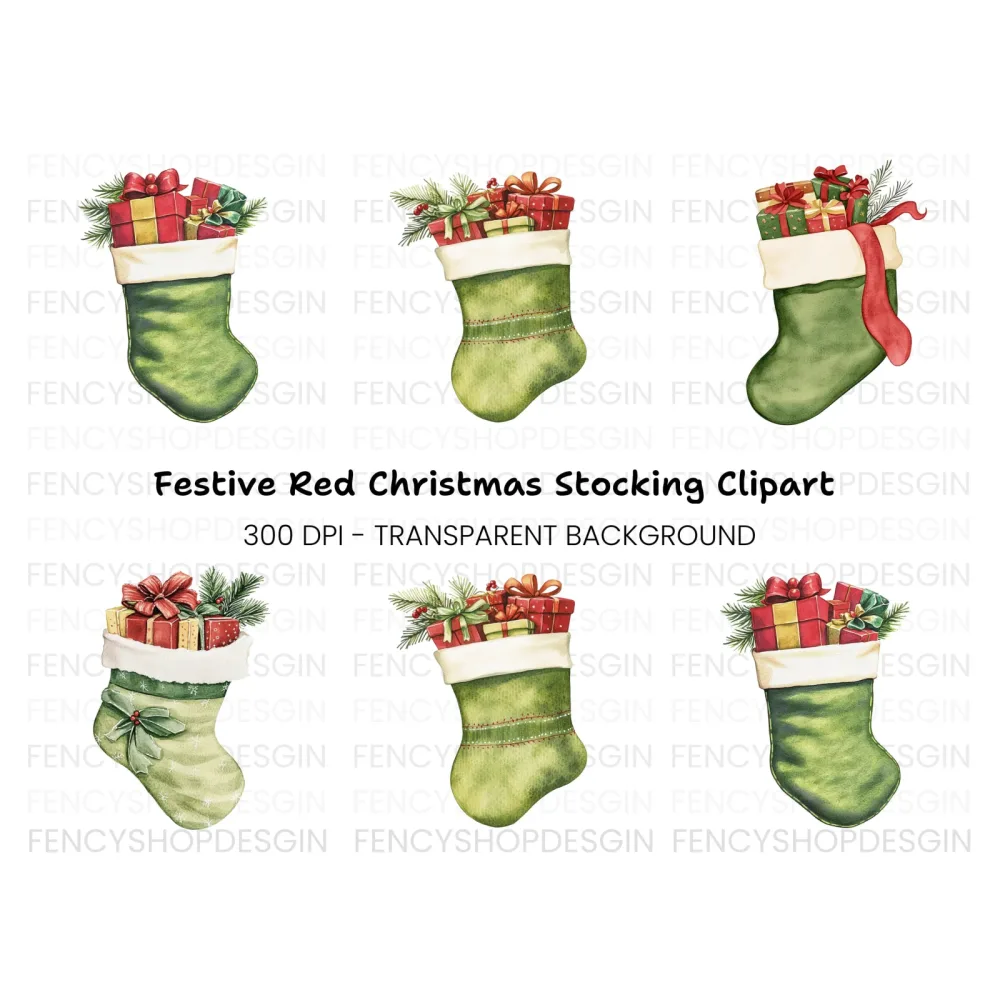 Green Christmas Stockings with Gifts Clipart Bundle