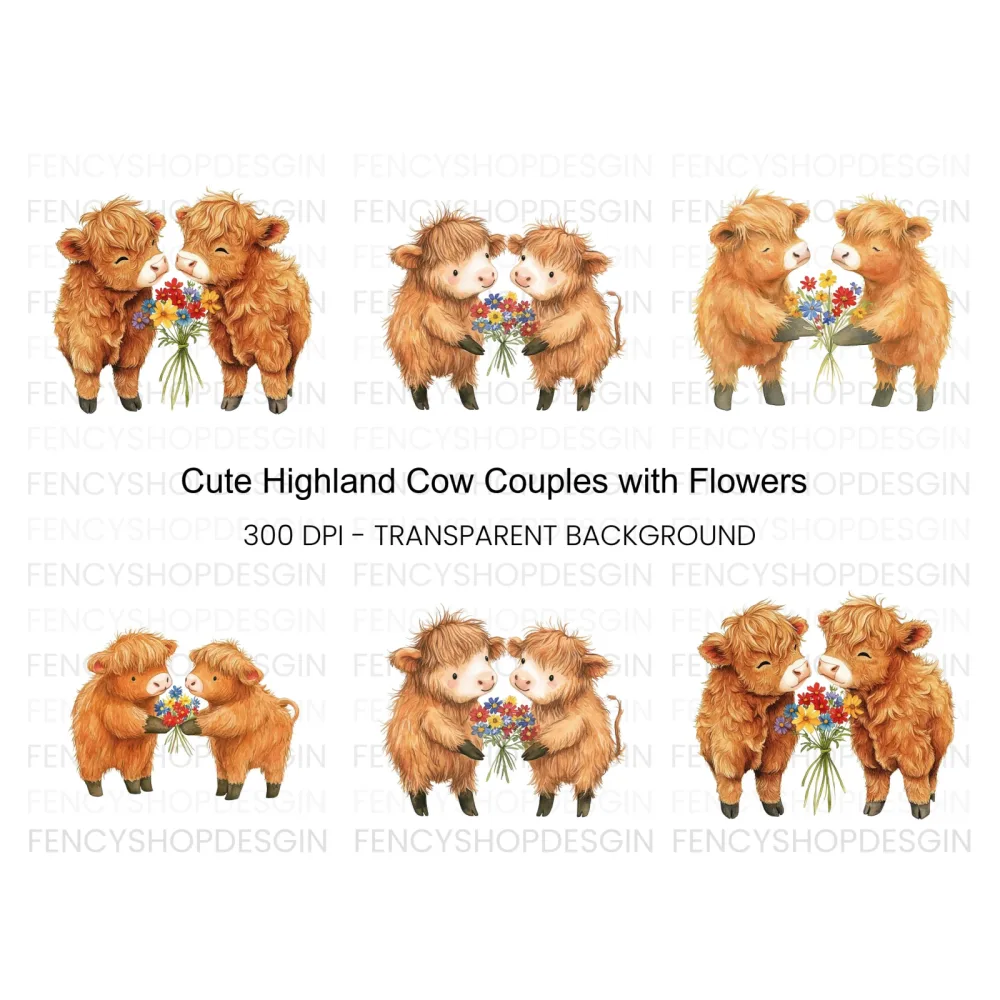 Cute Highland Cow Couples Clipart Bundle