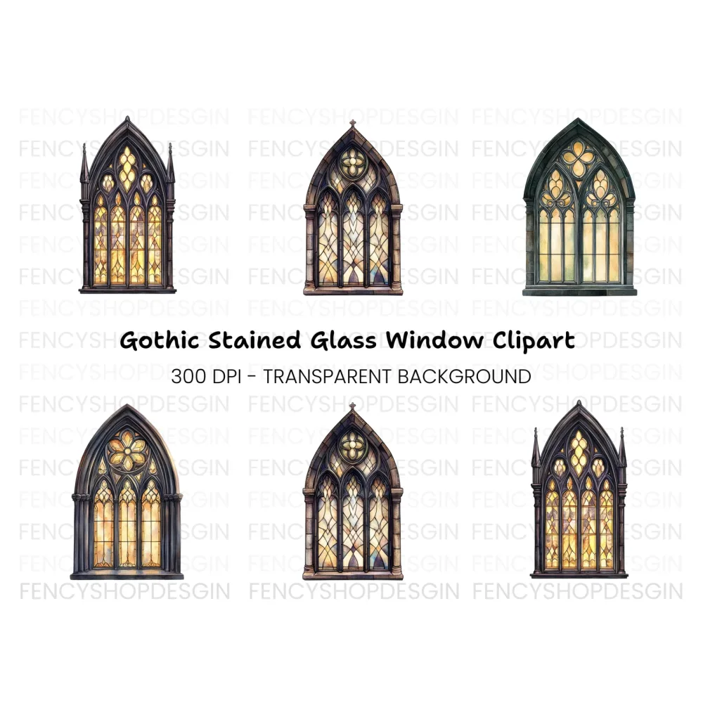 Gothic Stained Glass Window Clipart Bundle