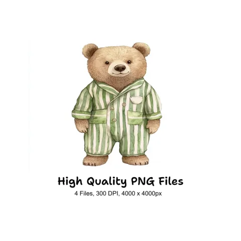 Cute Bear in Green Striped Pajamas Clipart Bundle