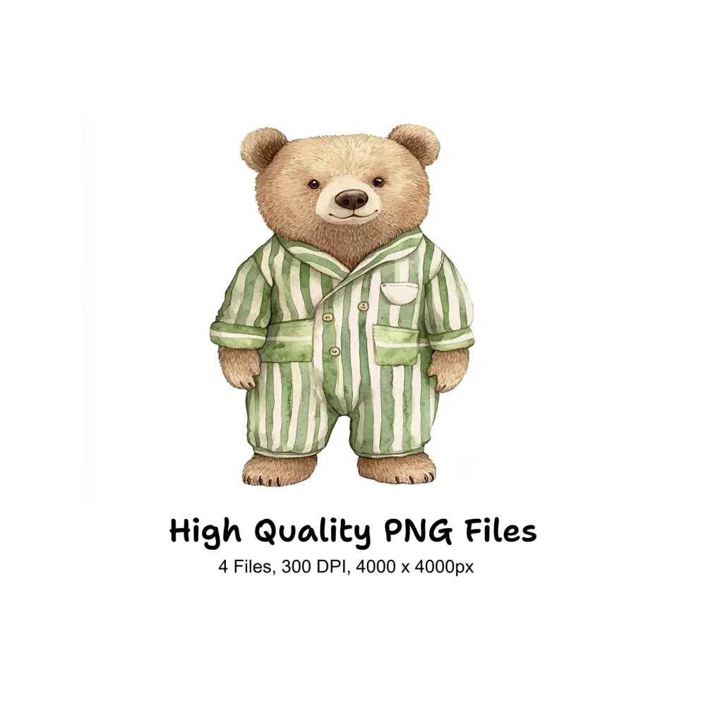 Cute Bear in Green Striped Pajamas Clipart Bundle