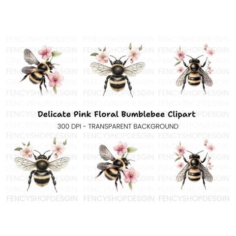 Bumblebee and Pink Flowers Clipart Bundle