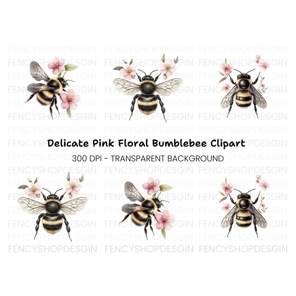 Bumblebee and Pink Flowers Clipart Bundle