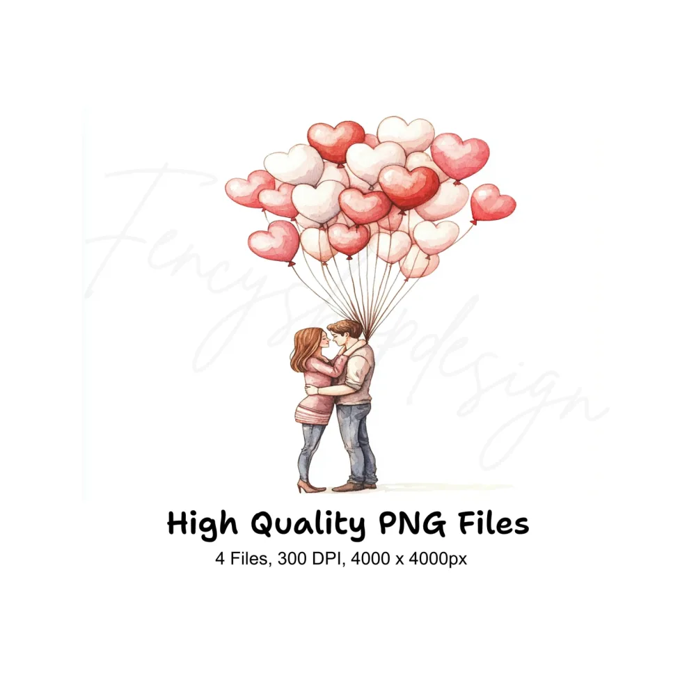Romantic Couple with Heart Balloons Clipart Bundle