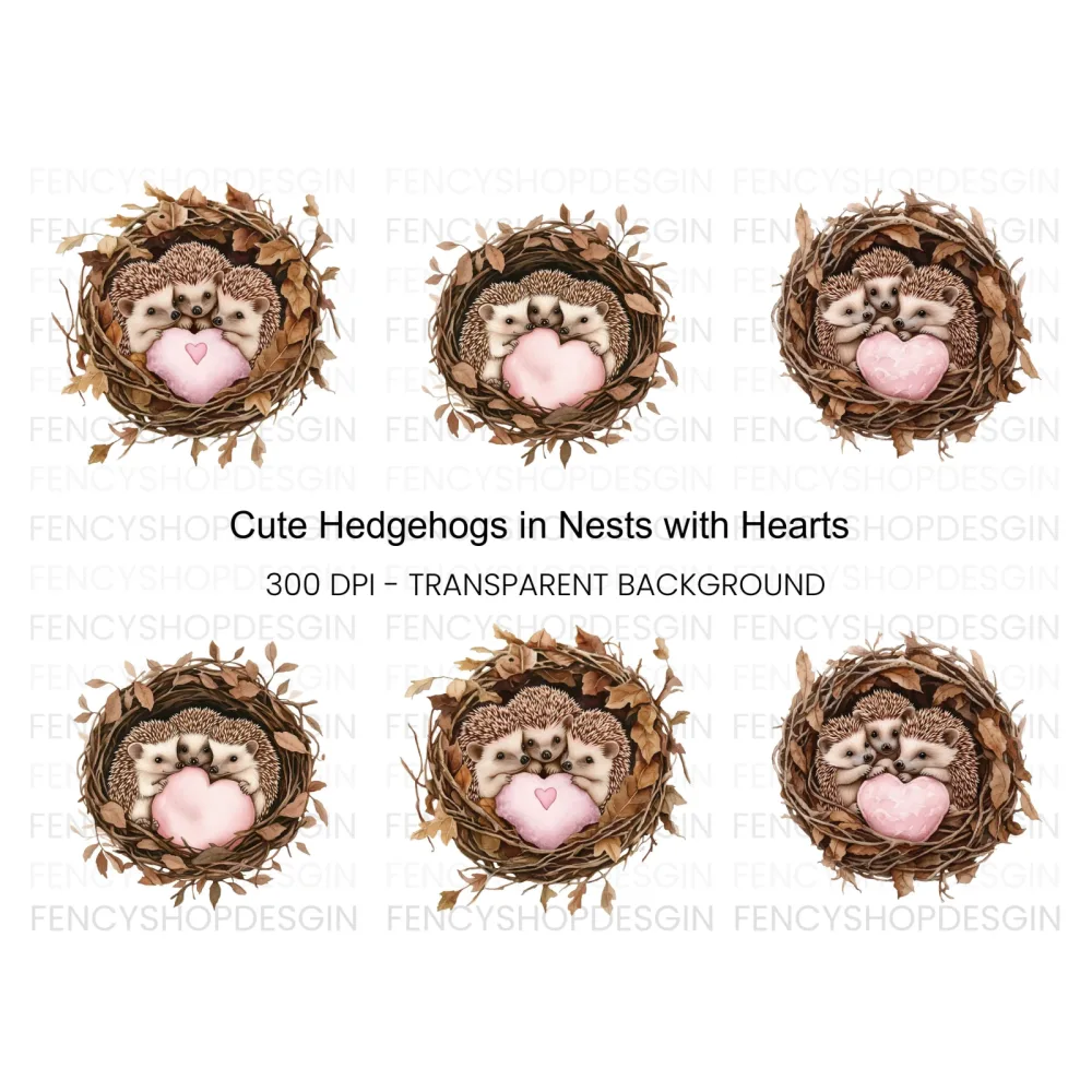 Cute Hedgehogs in Nests with Hearts Clipart Bundle