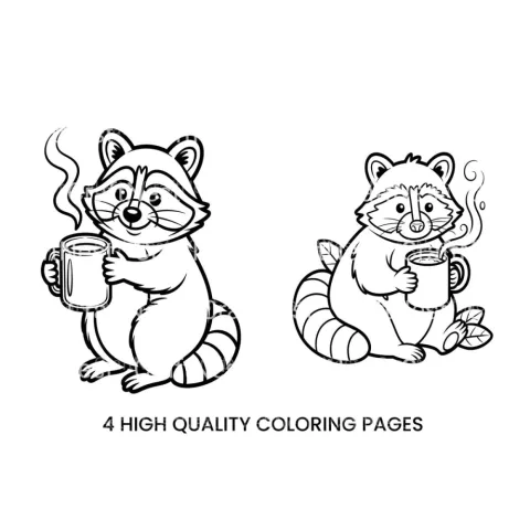 Cute Raccoon with Coffee Coloring Books