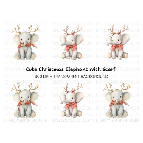 Cute Baby Elephant Christmas Clipart Bundle