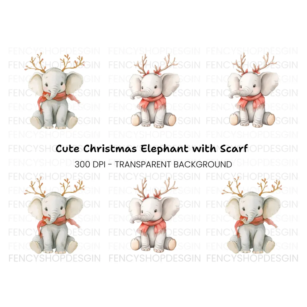 Cute Baby Elephant Christmas Clipart Bundle