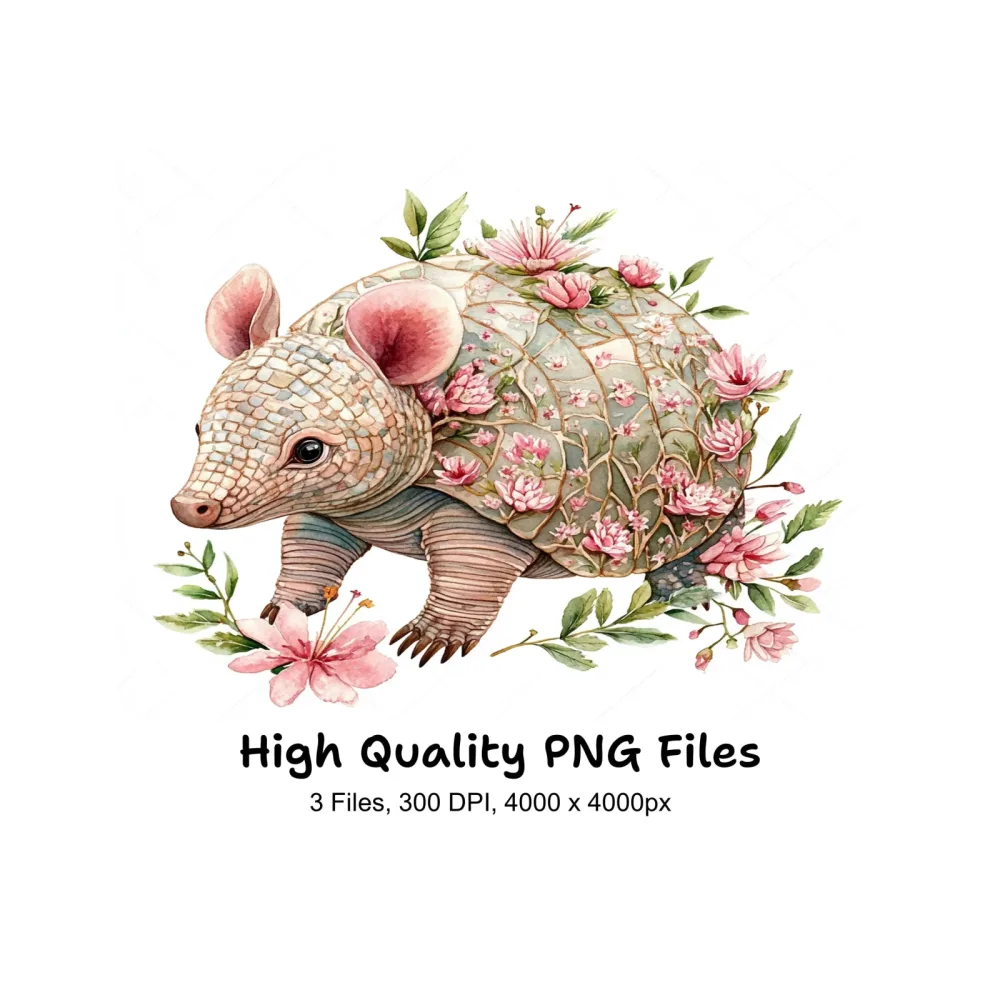 Cute Armadillo Floral Clipart Bundle